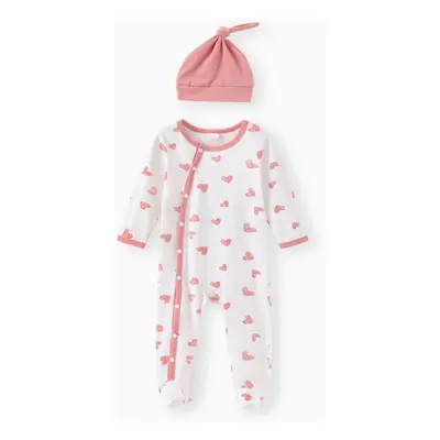 2pcs Baby 95% Cotton Love Heart Print Footed Jumpsuit with Hat Set