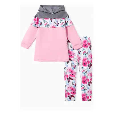 2-piece Kid Girl Floral Print Colorblock Hoodie Sweatshirt and Elasticized Pants Set