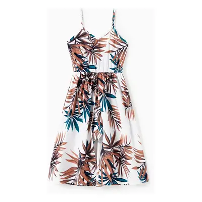 Mommy and Me Matching Leaf Pattern Spaghetti Strap Longline Romper with Skirt