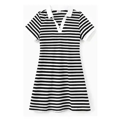 Family Matching Sets Striped Color Block Polo Shirt or A-Line V-Neck Short Sleeves Dress