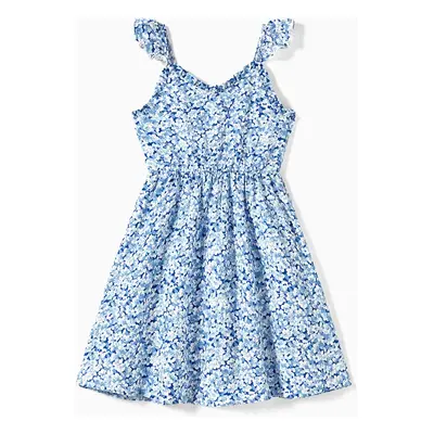 Family Matching Ditsy Floral Split Neck Ruched Bust Strap Dress and Navy Blue Tee Sets