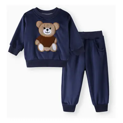 2pcs Baby Boy 95% Cotton Long-sleeve Cartoon Bear Pattern Thickened Fleece Lined Pullover and Tr