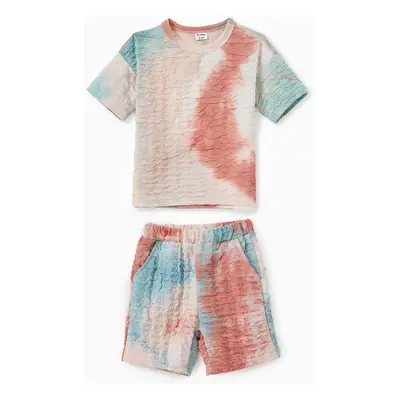 Mommy and Me Matching Sets Short Sleeves Tie-Dye Textured Fabric Top and Shorts with Pockets