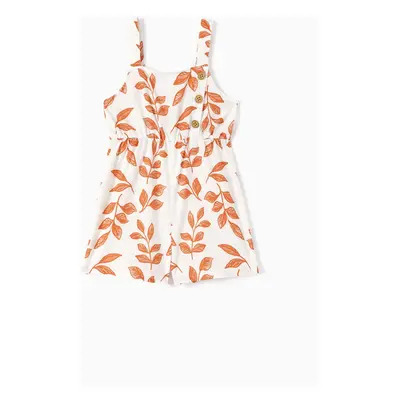 Toddler Girl Leaf Print Button Design Strap Romper