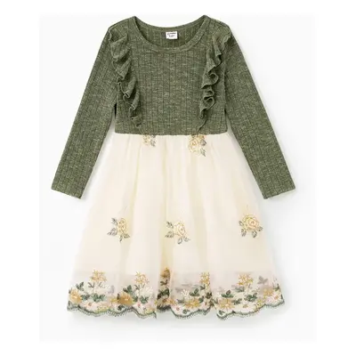 Family Matching Sets Green Long Sleeves Shirt or Ribbed Off-Shoulder Embroidered Tulle Dress