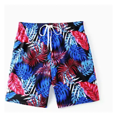 Family Matching Blue Floral Drawstring Swim Trunks or Shell Trim Spliced One-Piece Swimsuit