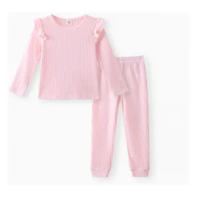 2-piece Toddler Girl Ruffled Textured Long-sleeve Top and Solid Color Pants Set