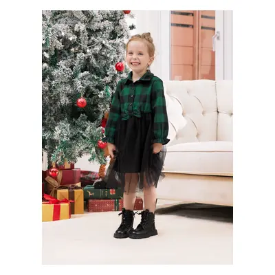 Family Matching Sets Green Plaid Long Sleeves Shirt or Tulle Mesh Dress