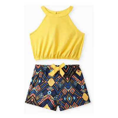 2pcs Kid Girl Yellow Halter Camisole and Bowknot Design Exotic Shorts Set