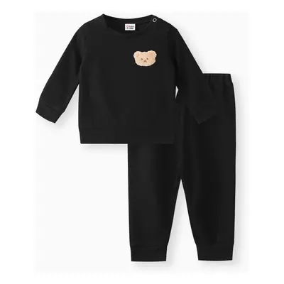 2pcs Baby Boy Cartoon Bear Detail Solid Textured Long-sleeve Pullover Sweatshirt and Sweatpants 