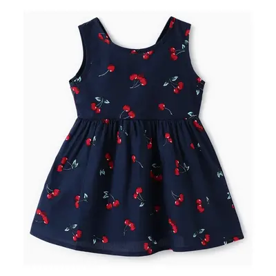 100% Cotton Cherry Print Backless Sleeveless Baby Dress