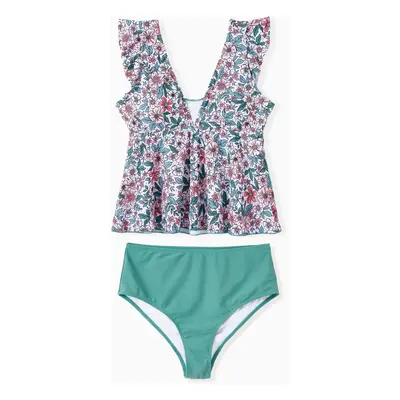 Family Matching Swimsuits Color Block Drawstring Swim Trunks or Floral Top High Waist Bottom Tan