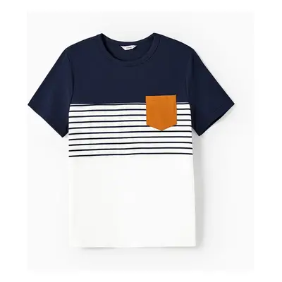 Family Matching Stripe Patched Pocket Belted Dresses and Colorblock Striped T-shirts Sets