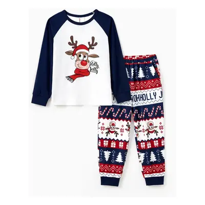 Christmas Family Matching Raglan Sleeves Red Nose Reindeer Pajamas Sets with Drawstring and Pock