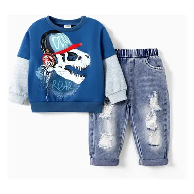 Toddler Boy 2pcs Dino Print Sweatshirt and Denim Ripped Jeans Set