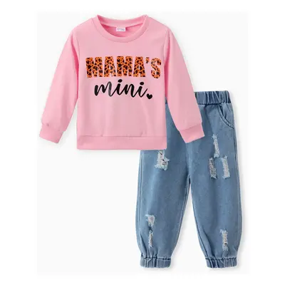 2PCS Baby Girl Casual Distressed Feature Letter Pattern Long Sleeve Sets