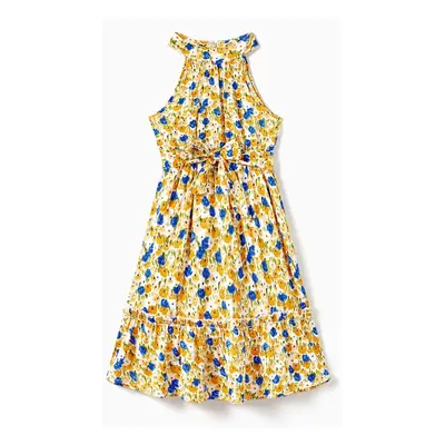 Family Matching Color Block Sunny Tee and Yellow Ditsy Floral High Neck Halter Sateen Dress Sets