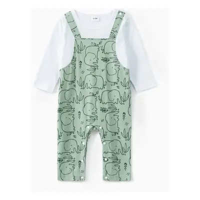 100% Cotton Baby Boy/Girl All Over Cartoon Elephant Print Faux-two Long-sleeve Jumpsuit