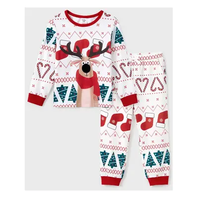 Christmas Family Matching Reindeer Big Graphic Allover Pattern Background Pajamas Sets with Pock