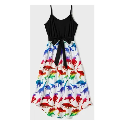 Family Matching Dinosaur Print Belted Cami Dresses and Short-sleeve T-shirts Sets