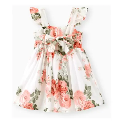 Toddler Girl Floral Print Square Neck Ruffled Bowknot Design Sleeveless Strap Dress