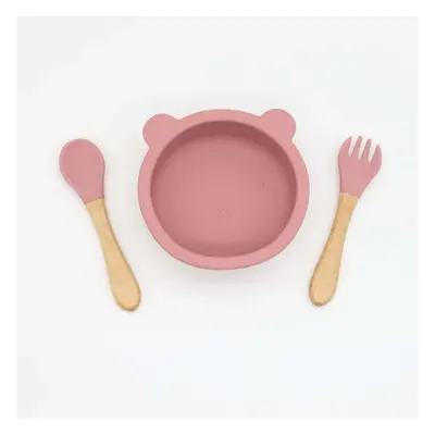 3-pack Baby Cute Cartoon Bear Silicone Suction Bowl and Fork Spoon with Wooden Handle Baby Toddl