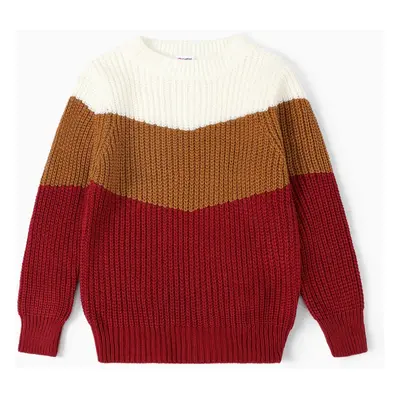 Family Matching Long Sleeves Three-Color Block Knitwear Sweater