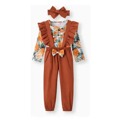 3-piece Toddler Girl Floral Print Ruffled Long-sleeve Top, Bowknot Design Overalls and Headband 