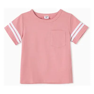 Family Matching Cotton Short-sleeve T-shirts and Pink Swiss Dot Lace Detail Flutter-sleeve Dress