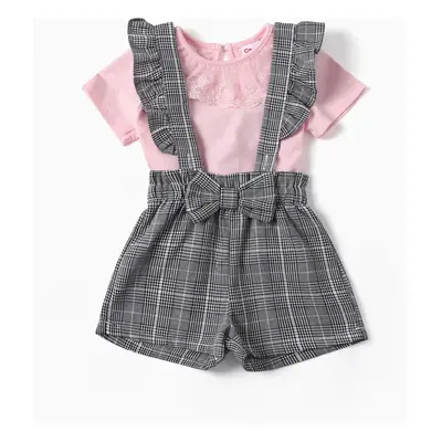 2pcs Baby Girl Grid/Houndstooth Ruffle Edge Set