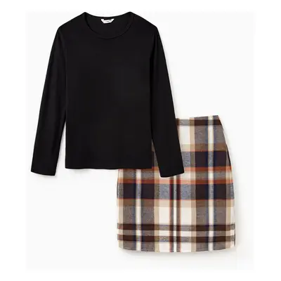 Mommy and Me Black Long Sleeves Top Khaki Plaid Pleated Skirt Co-ord Sets