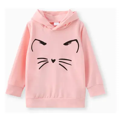 Kid Girl Cat Print Ear Design Solid Hoodie Sweatshirt