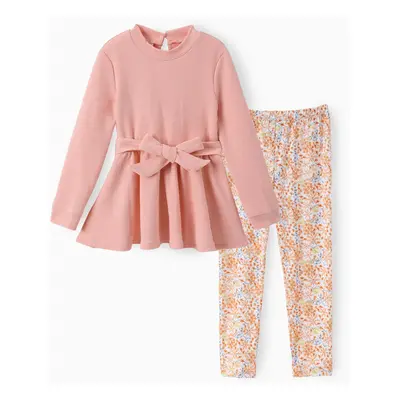 Kid Girl 2pcs Sweet Ruffled Top and Floral Print Leggings Set