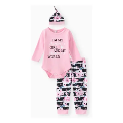 3pcs Baby Girl 95% Cotton Long-sleeve Letter and Floral Print Set