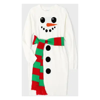 Christmas Family Matching Snowman Graphic White Knitted Belted Dresses and Tops Sets