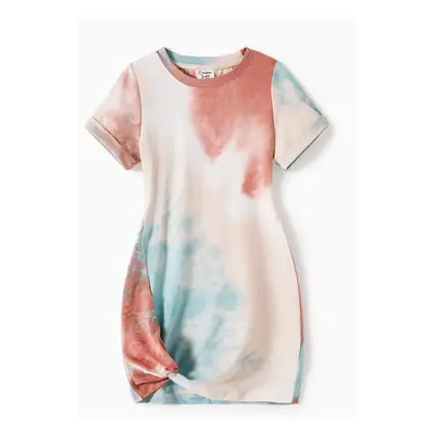 Family Matching Colorblock Tie Dye Twist Knot Bodycon Dresses and Short-sleeve T-shirts Sets