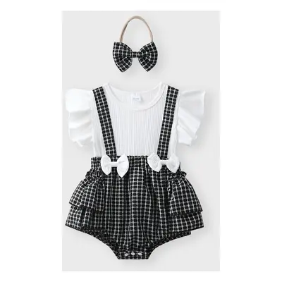 Little CoCo & Gentlemen - Baby Girl Bowknot Grid Ruffled Romper with Headband