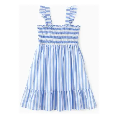 Family Matching Sets Blue Vertical Stripe Shirt or Shirred Cross Top Off Shoulder Dress