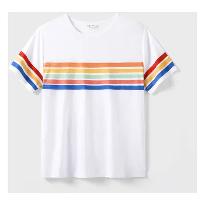 Family Matching Colorful Striped V Neck Flutter-sleeve Dresses and Short-sleeve T-shirts Sets