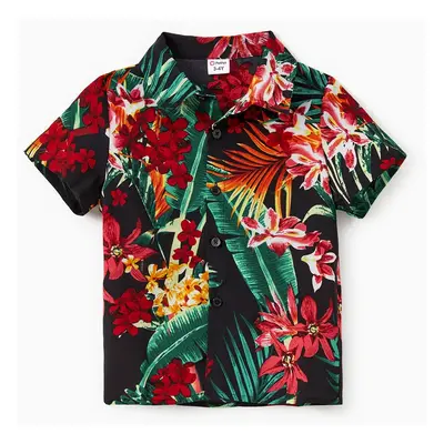 Family Matching Allover Plant Floral Print Halterneck Dresses and Short-sleeve Shirts Sets