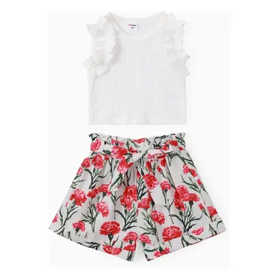 Toddler Girl 2pcs Ruffled Top and Floral Print Skirts Set