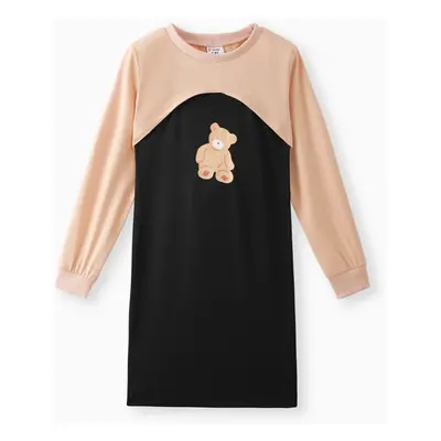 2pcs Kid Girl Long-sleeve High Low Top and Bear Print Slip Dress Set