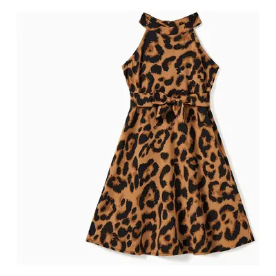 Family Matching Black Tee and Leopard Print High Neck Halter Tie Back Dress Sets