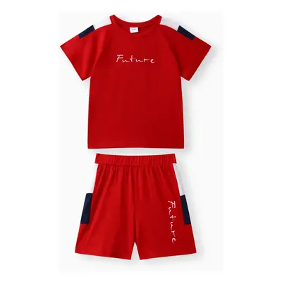 2pcs Toddler Boy Casual Colorblock Letter Print Tee & Shorts Set