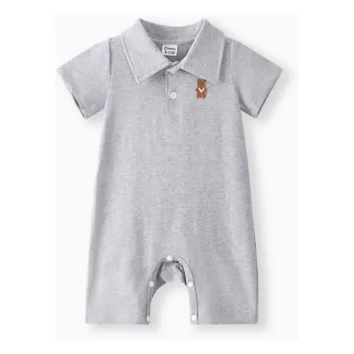 Baby Boy Bear Embroidered Polo Collar Button Up Short-sleeve Jumpsuit