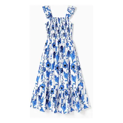 Mommy and Me Blue Floral Shirred Top Ruffle Hem Strap Dress