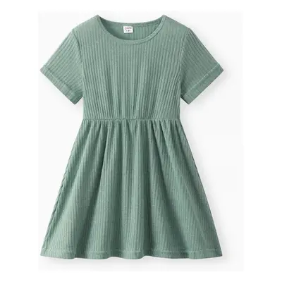 Kid Girl Rabbit Print/Ribbed Short-sleeve Dress