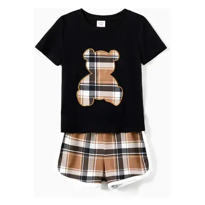 Family Matching Black Bear Top and Plaid Shorts Pajamas Sets