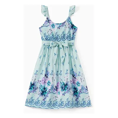 Family Matching Light Blue Tee and Flowy Floral Shirred Back Belted Strap Dress