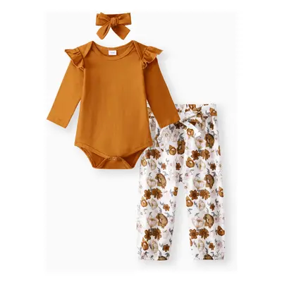 3pcs Baby Girl 95% Cotton Ruffle Long-sleeve Romper and Floral Print Pants with Headband Set